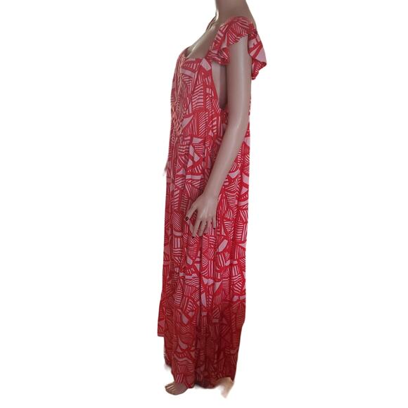 Eloquii Plus Size 24 Red & Pink Geo Print Flutter Sleeve Maxi Dress NO BELT - Picture 4 of 11